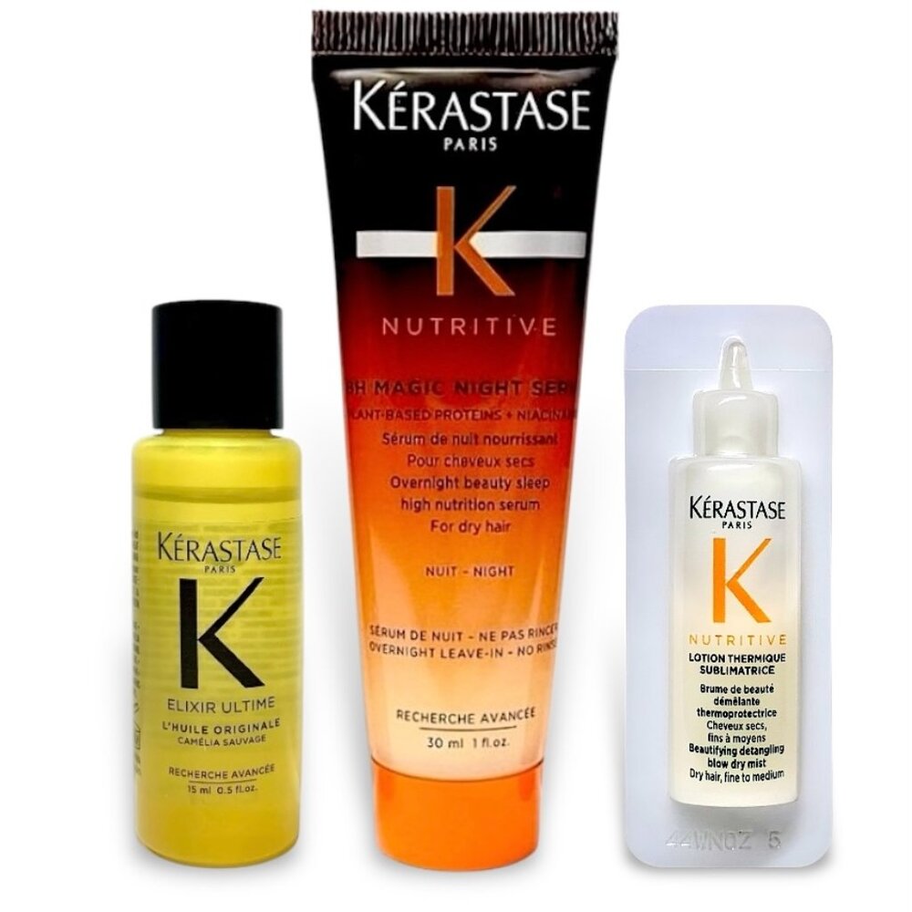 Kerastase 3pc Set: Elixir Hair Oil + 8hr Magic Serum + Nutritive Heat Protectant